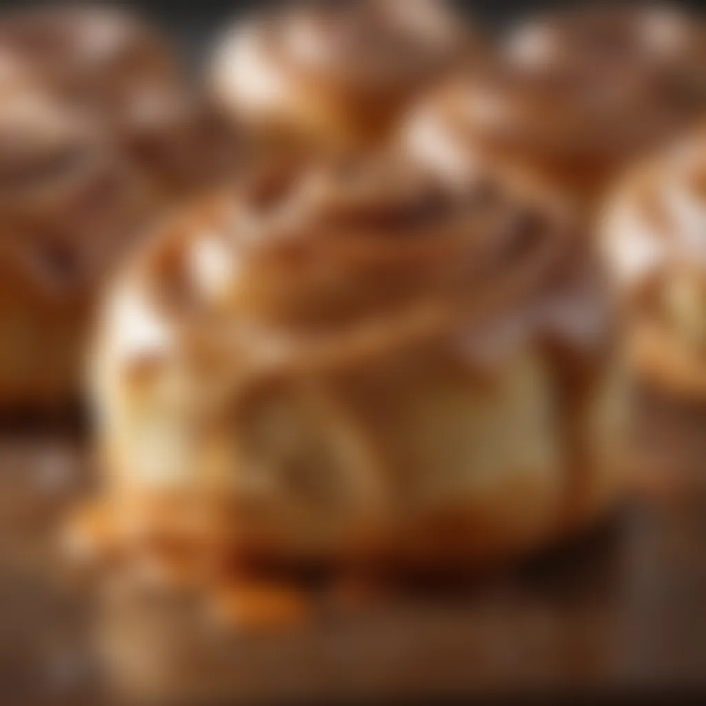 A close-up of a cinnamon roll with rich glaze dripping down the sides