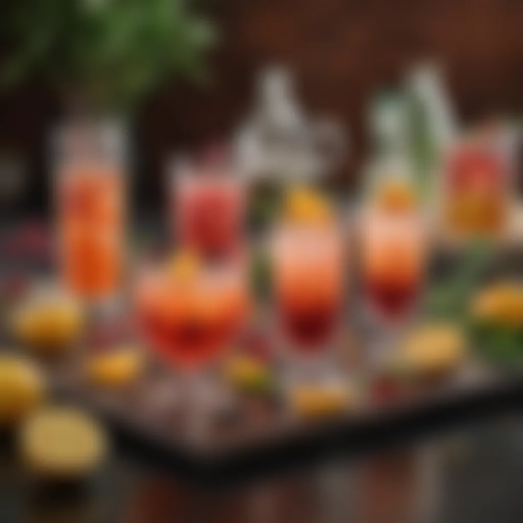 An array of luxurious mocktail ingredients artfully displayed on a table.