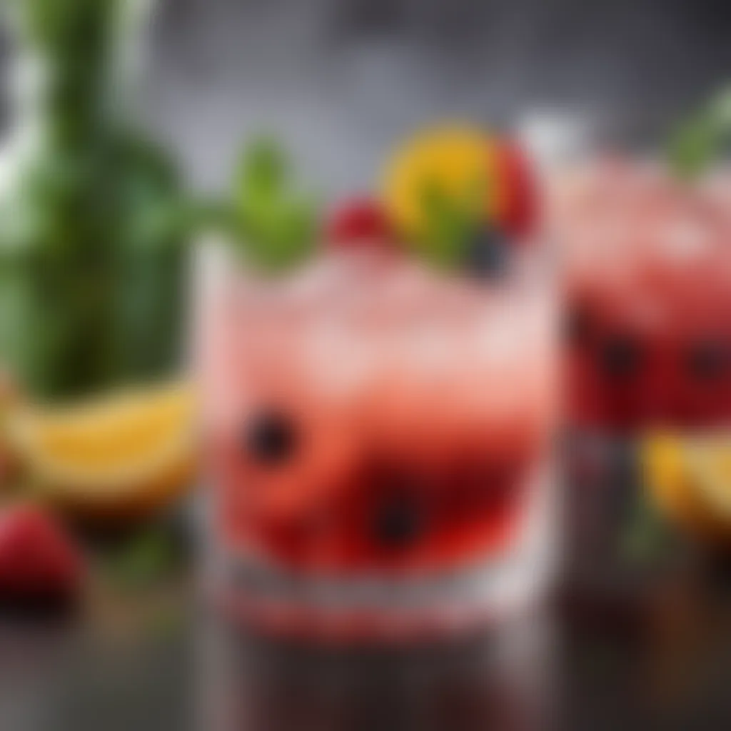 A vibrant mocktail garnished with fresh fruits and herbs, showcasing elegance.