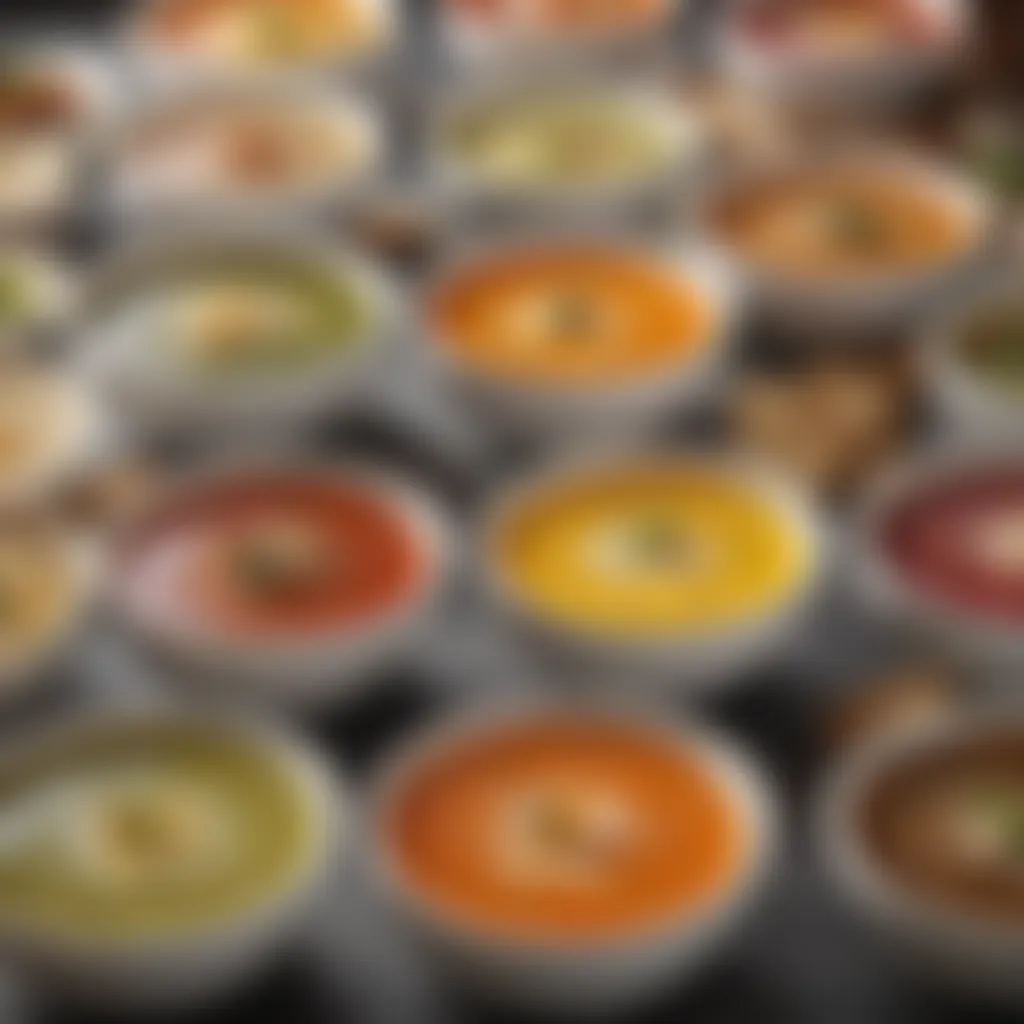 A vibrant display of gourmet soup varieties showcasing unique flavors