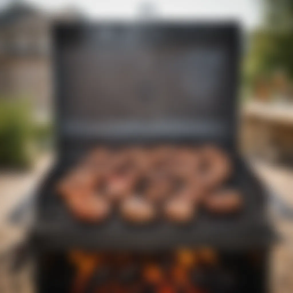 Grilling setup with smoky flames and grilling tools