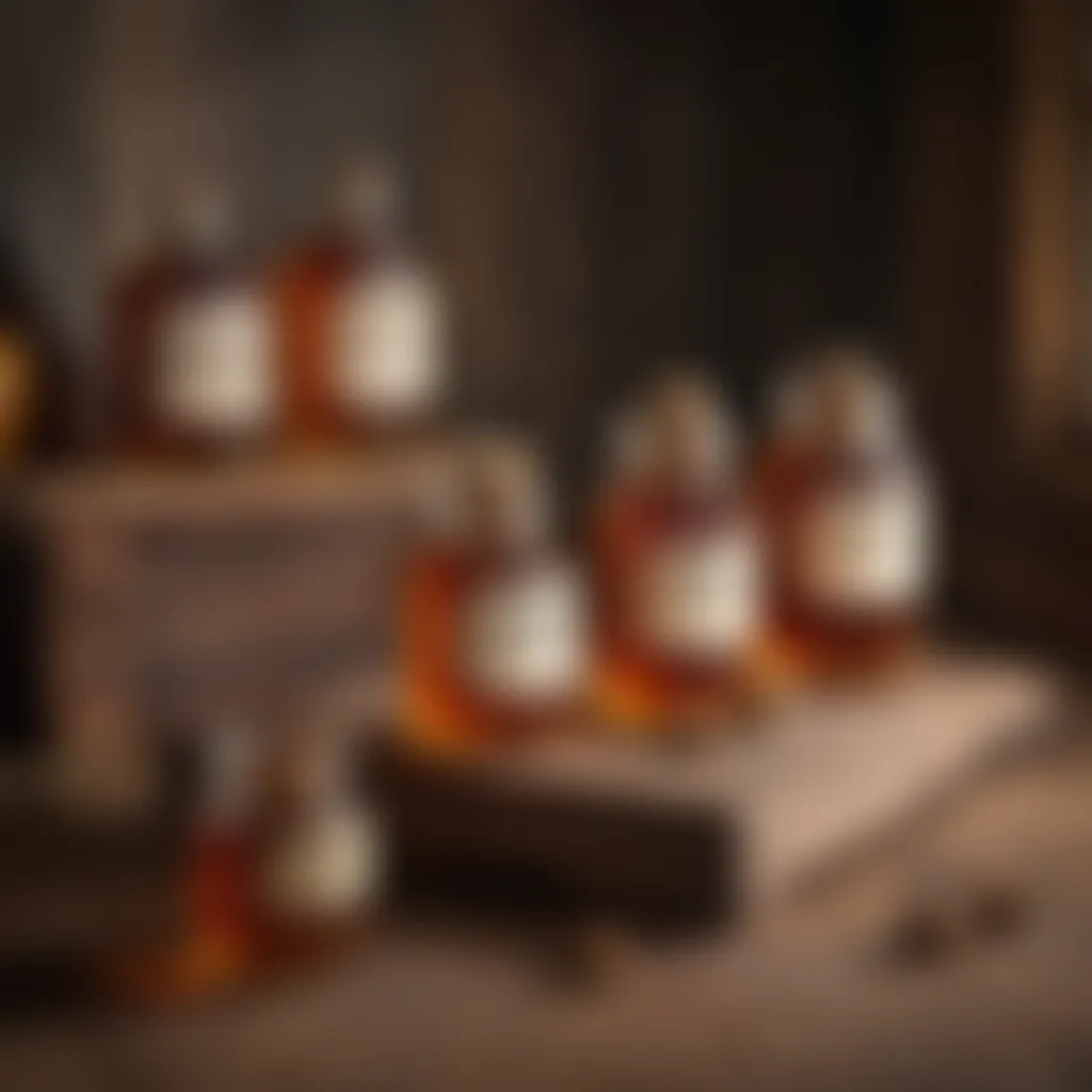 A rustic wooden table set with whiskey bottles and jars of honey