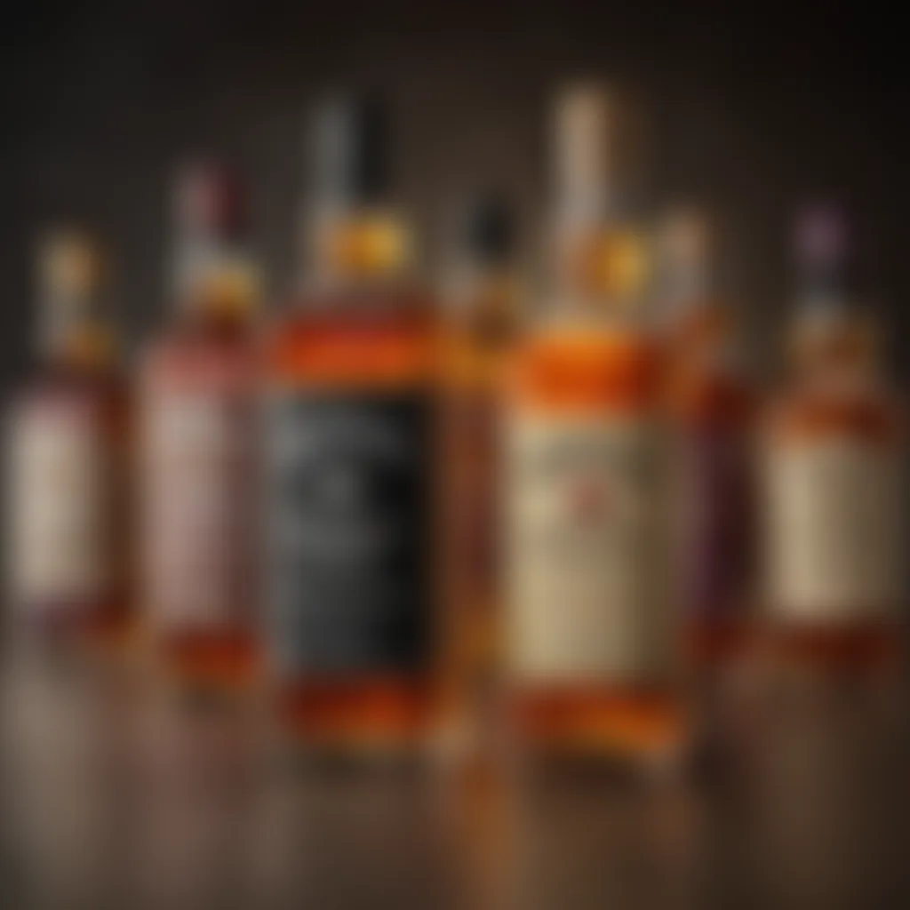 An assortment of whiskey bottles with labels indicating different flavor profiles.