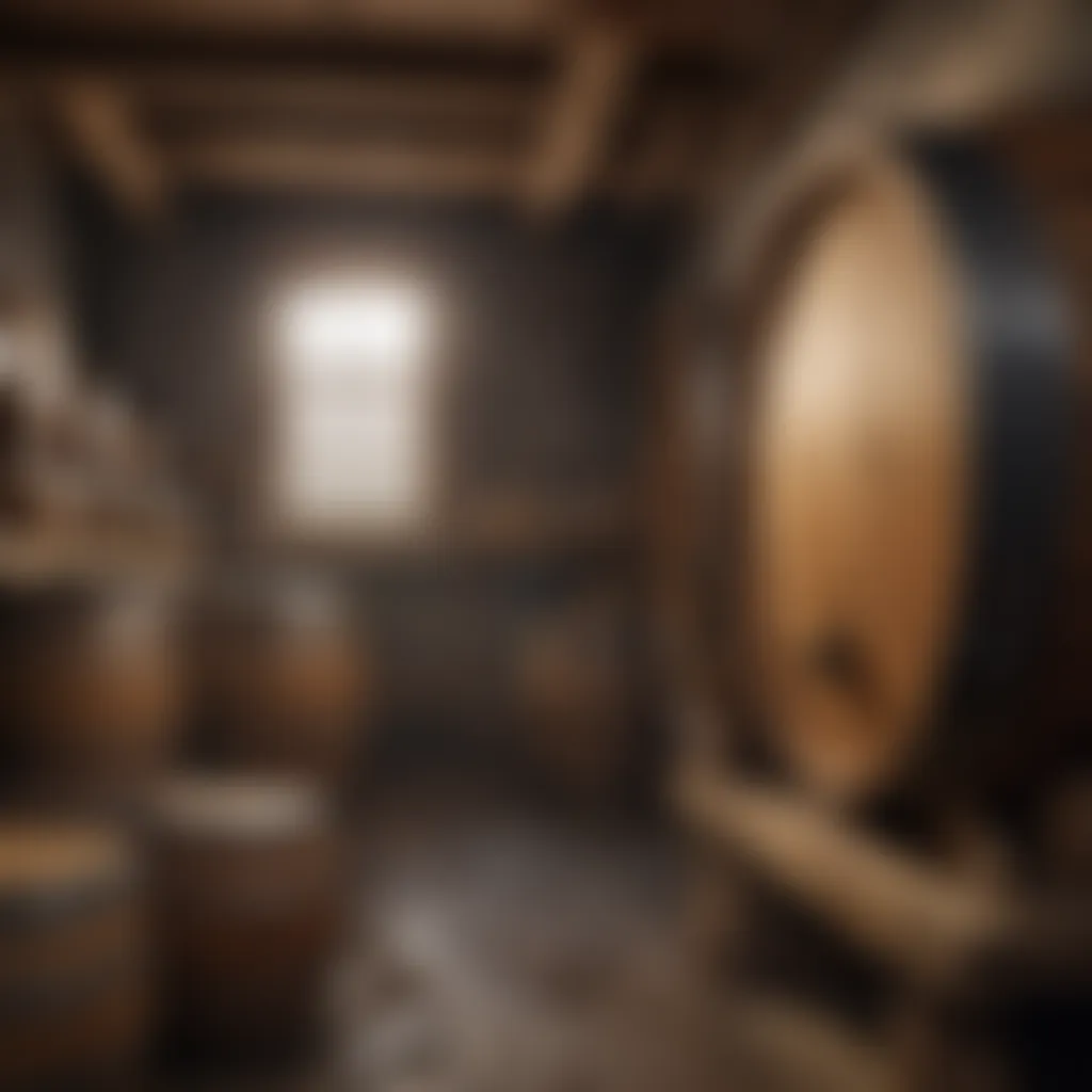 Barrels of fermenting cider in a rustic cellar