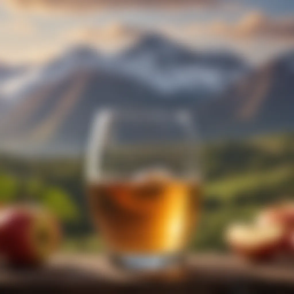 A close-up view of a glass of cider with a backdrop of scenic mountains