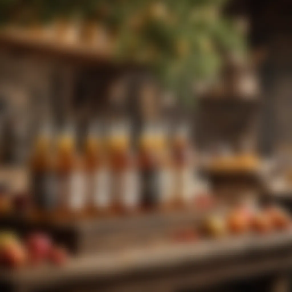 A vibrant market stall showcasing various cider bottles