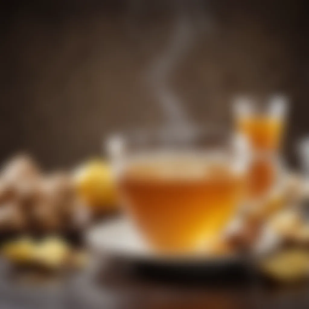 A steaming cup of ginger tea with honey, showcasing its inviting aroma and color