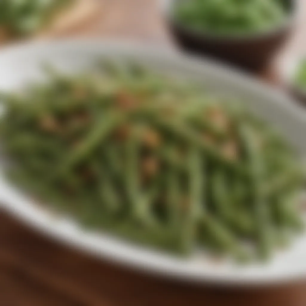 A close-up of roasted green beans garnished with herbs