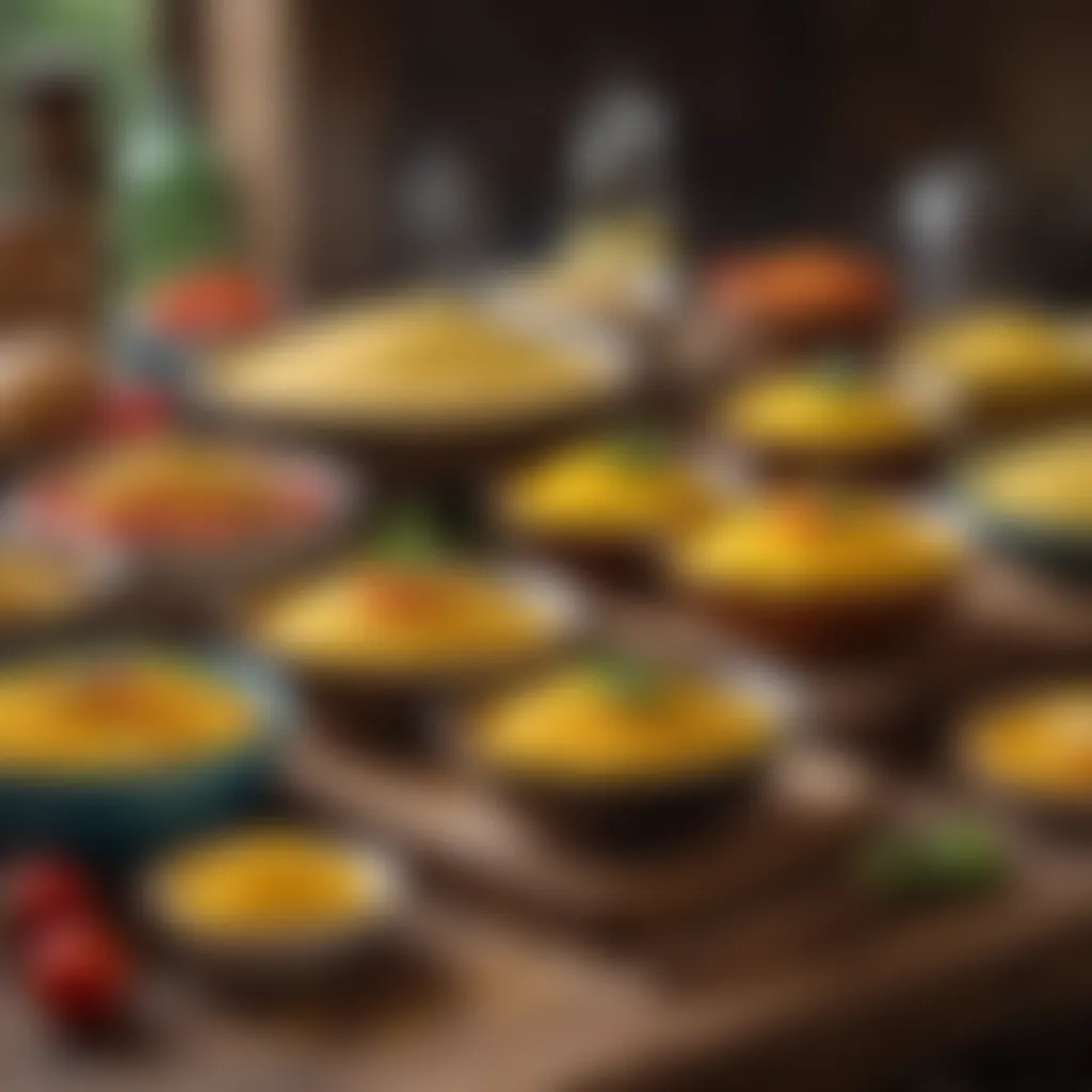 A colorful display of cornmeal dishes on a rustic table.