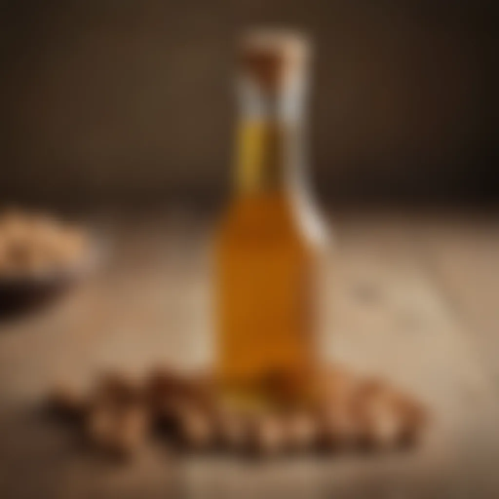 Peanut oil in a glass bottle with peanuts on a wooden table