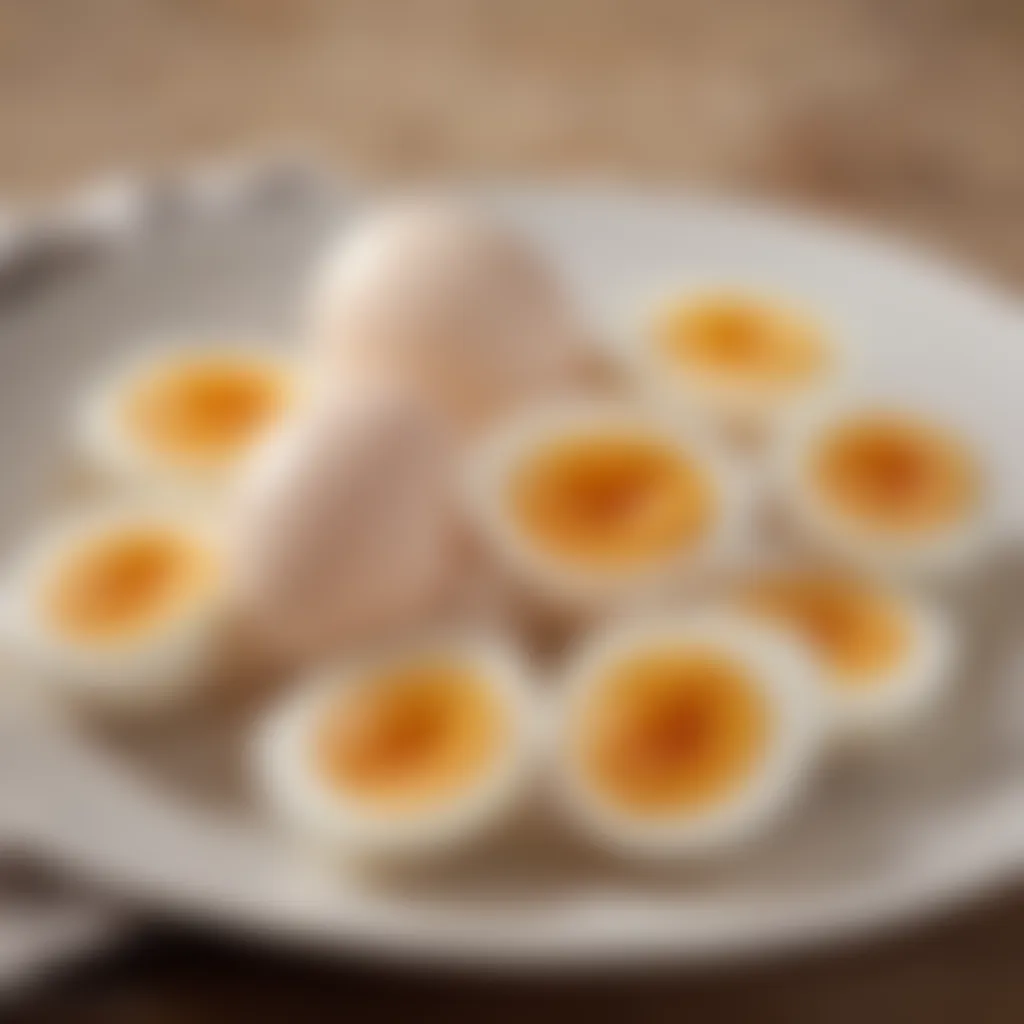 A close-up of perfectly peeled boiled eggs arranged on a plate