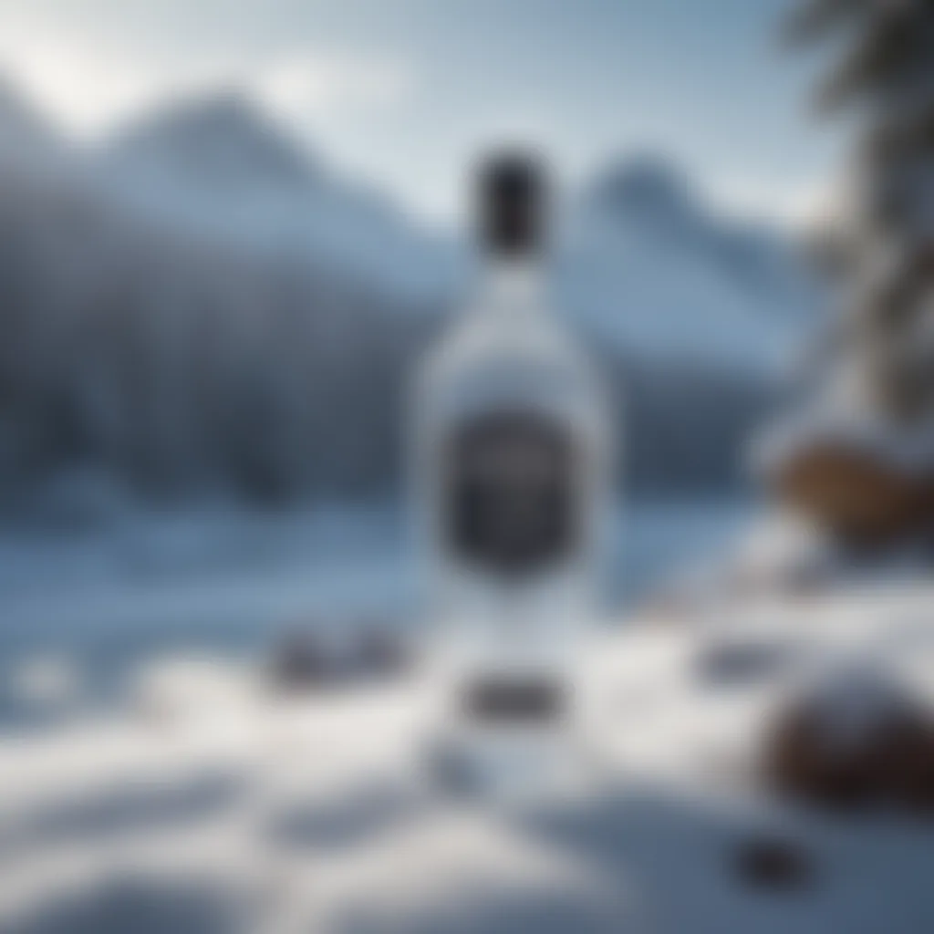 A pristine bottle of premium vodka set against a backdrop of snowy landscapes