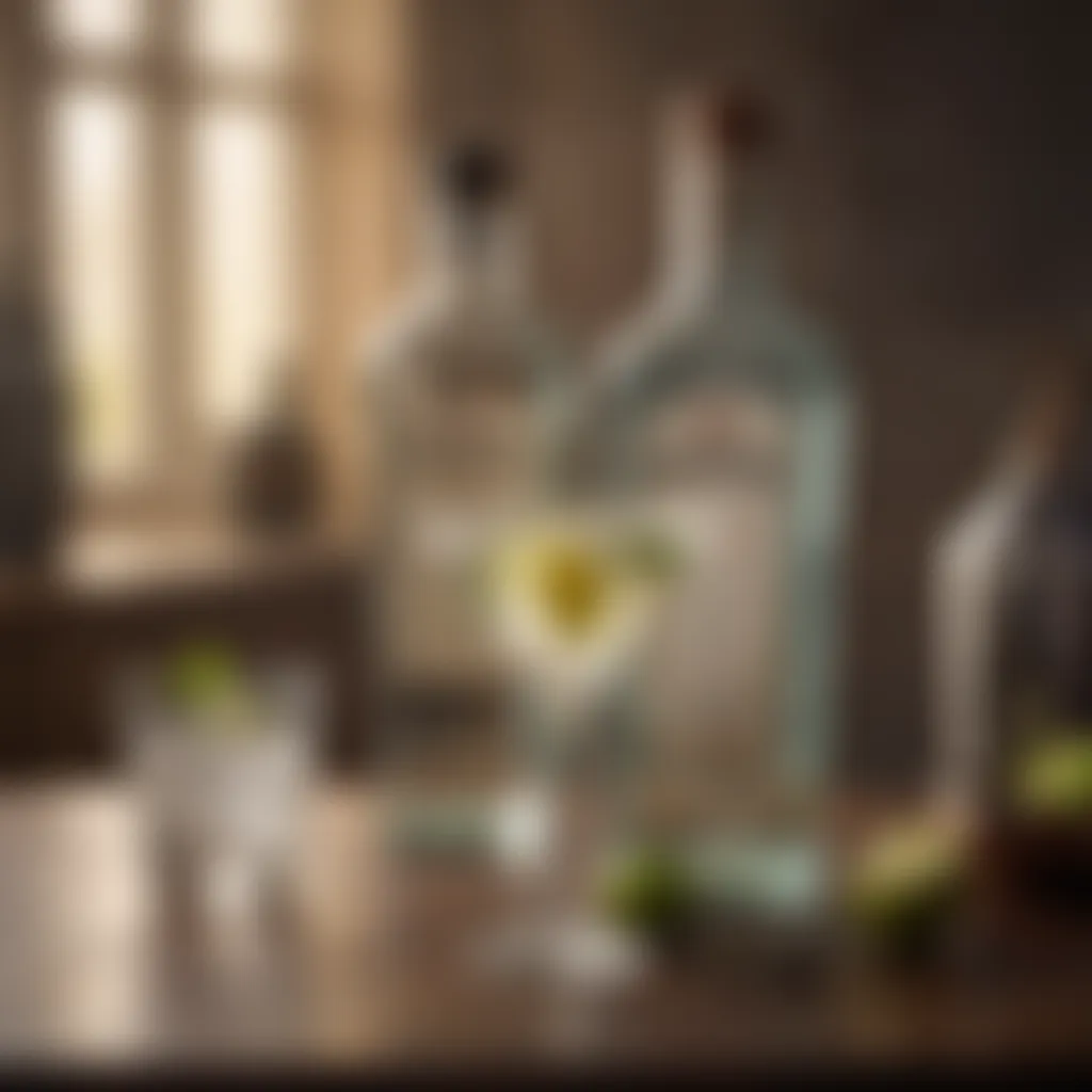 Ingredients of the Shaken Gin Martini Close-up of gin bottle and cocktail shaker