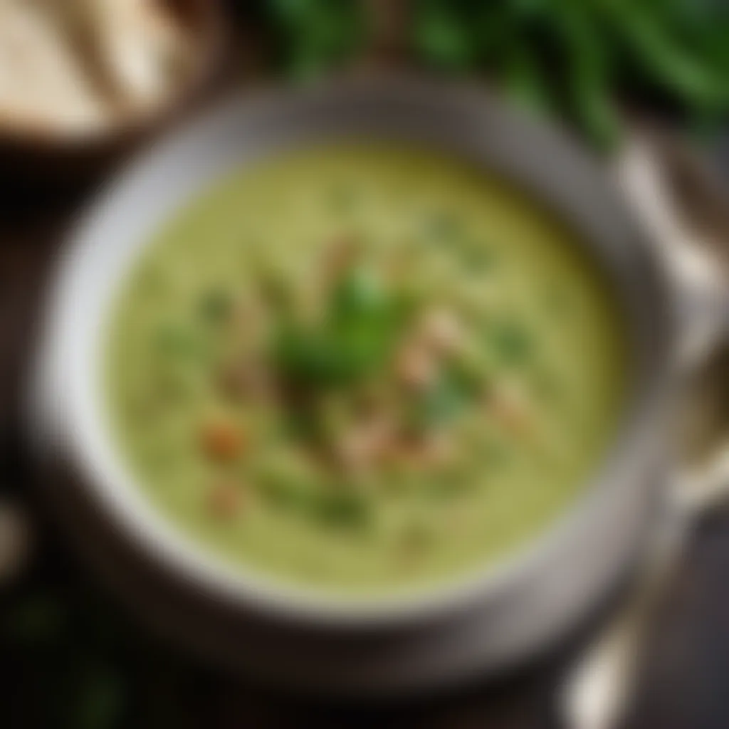 Creamy broad bean soup garnished with fresh herbs