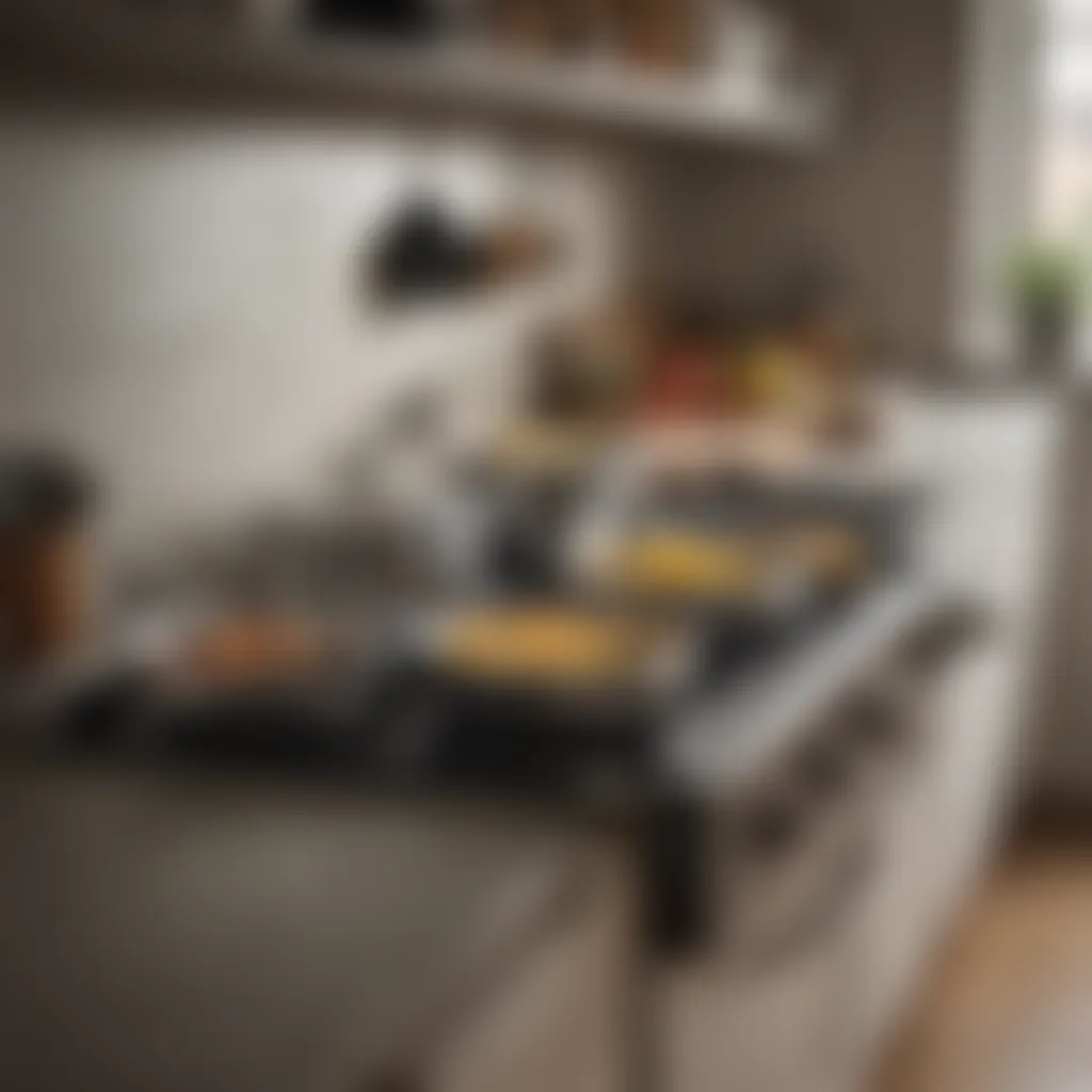 A well-organized kitchen space featuring split pans alongside essential cooking tools.