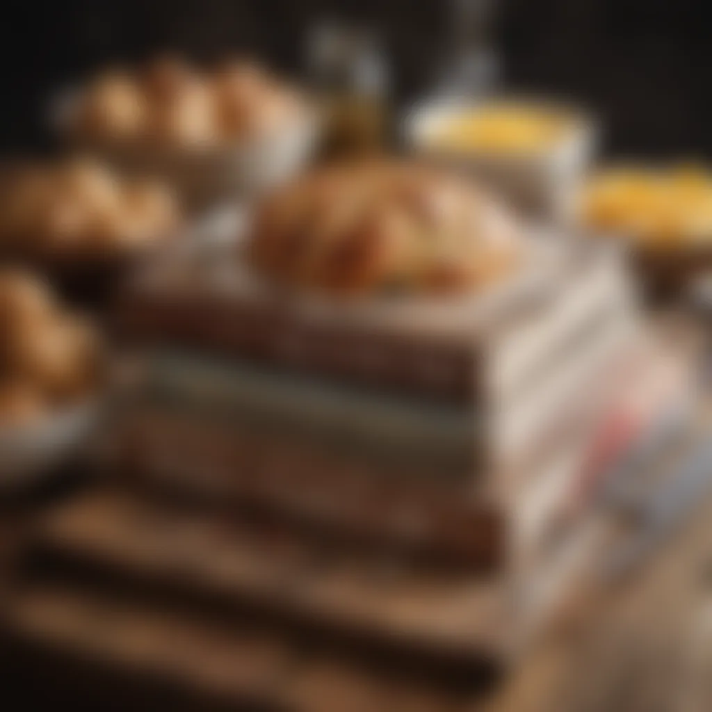 A collection of baking books on a rustic wooden table.