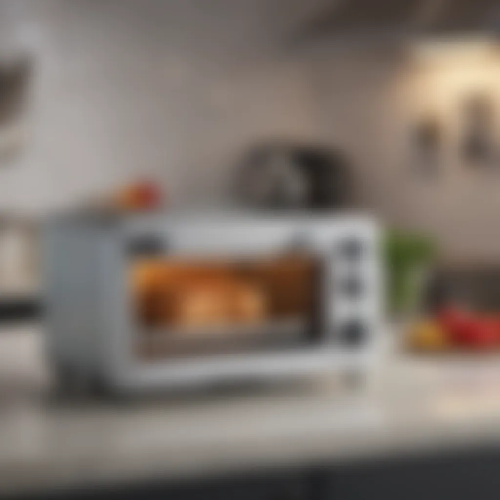 A sleek tiny toaster oven showcasing its compact design on a modern kitchen countertop.