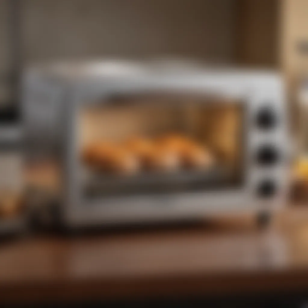 A selection of energy-efficient features of a tiny toaster oven displayed on a brochure.