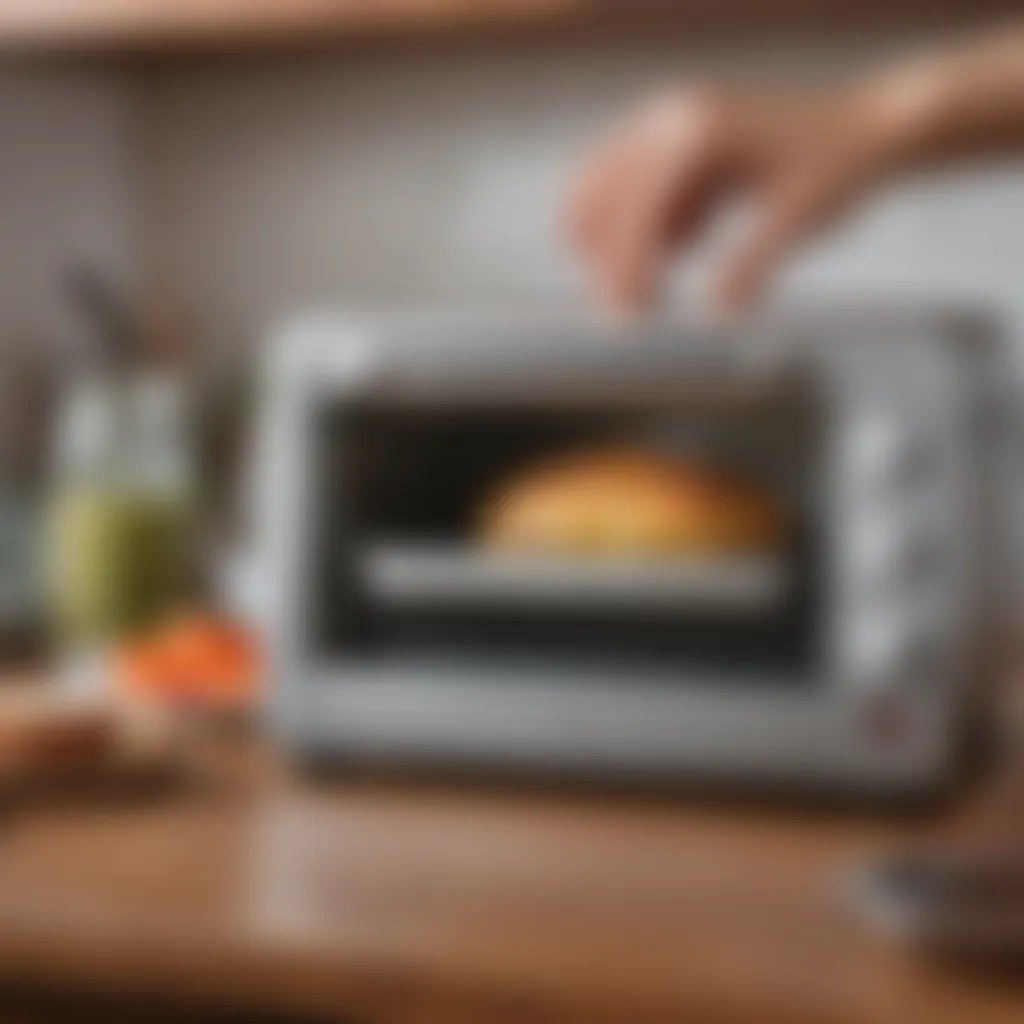 A person conducting maintenance on a tiny toaster oven, emphasizing its ease of upkeep.