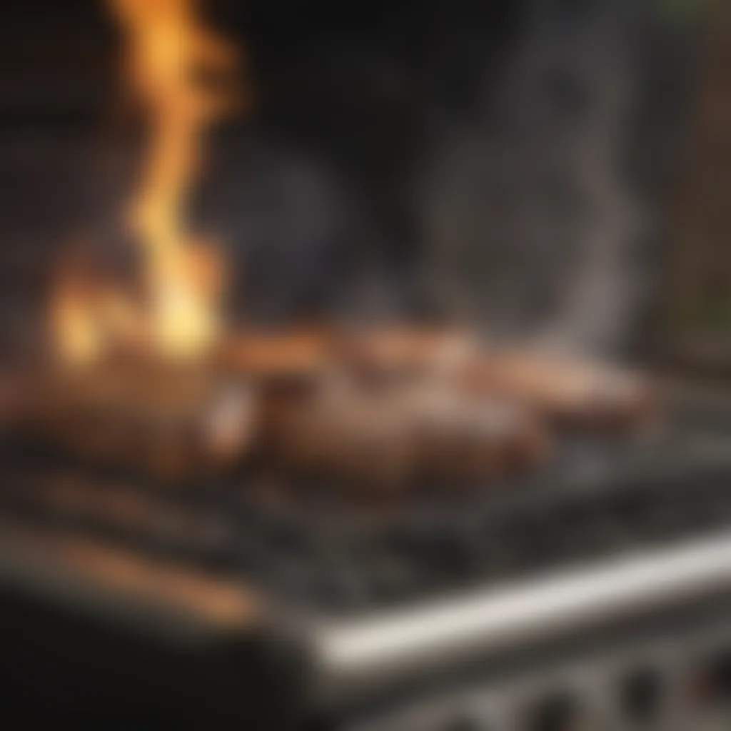 A high-performance gas grill in action with flames and smoke