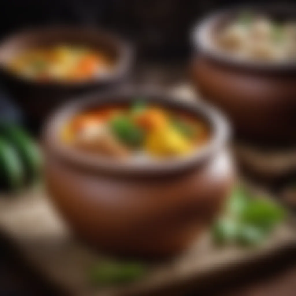 Traditional Indonesian clay pot filled with simmering Sayur Asem