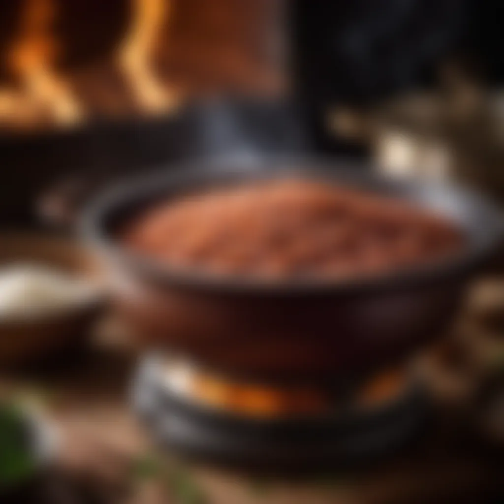 Cooking red rice in a traditional pot