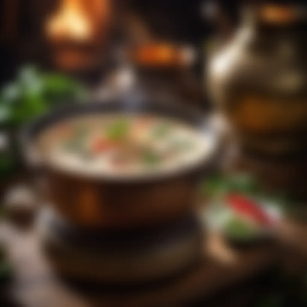 Cooking tom kha soup in a traditional Thai pot