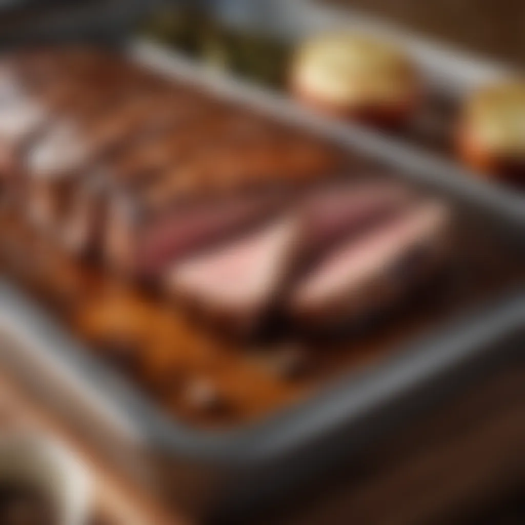 Tri-tip positioned on a gleaming roasting tray