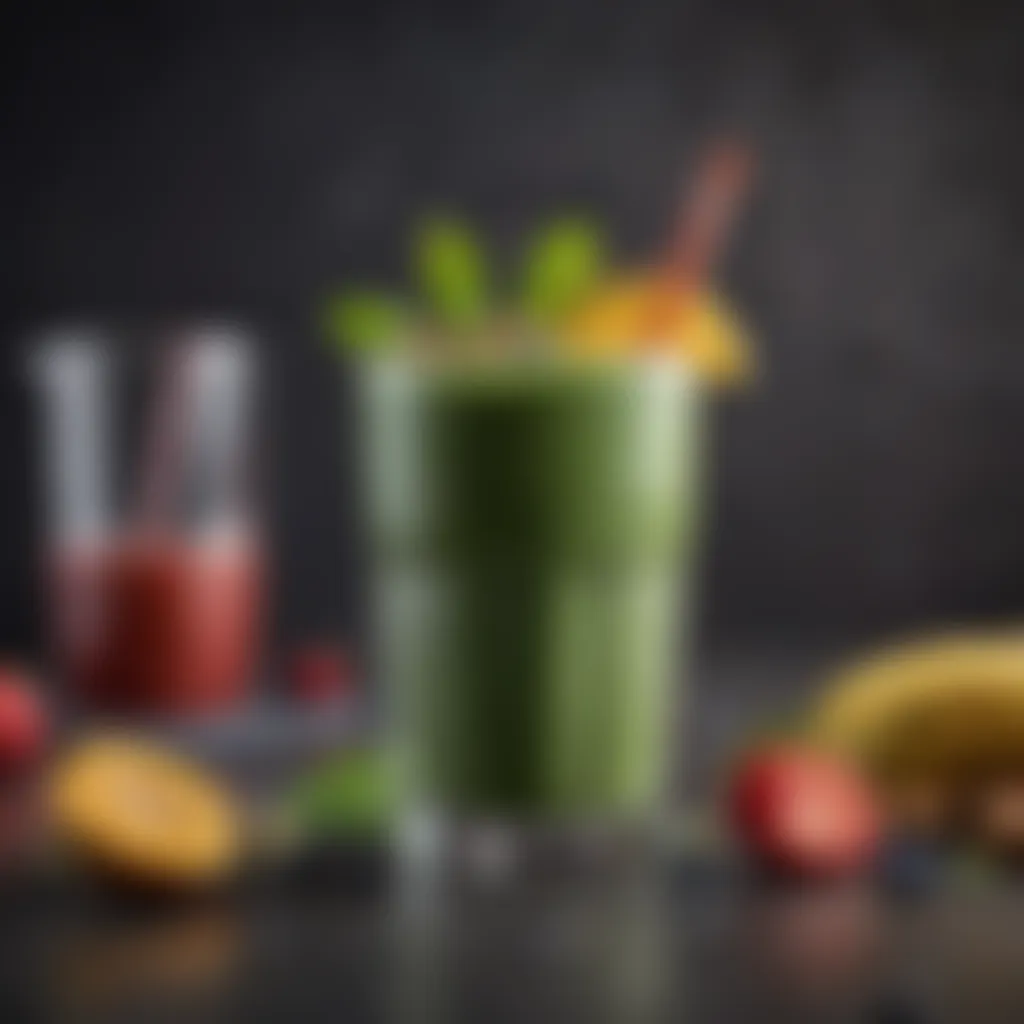 A close-up of a nutritious trop smoothie filled with greens and fruits