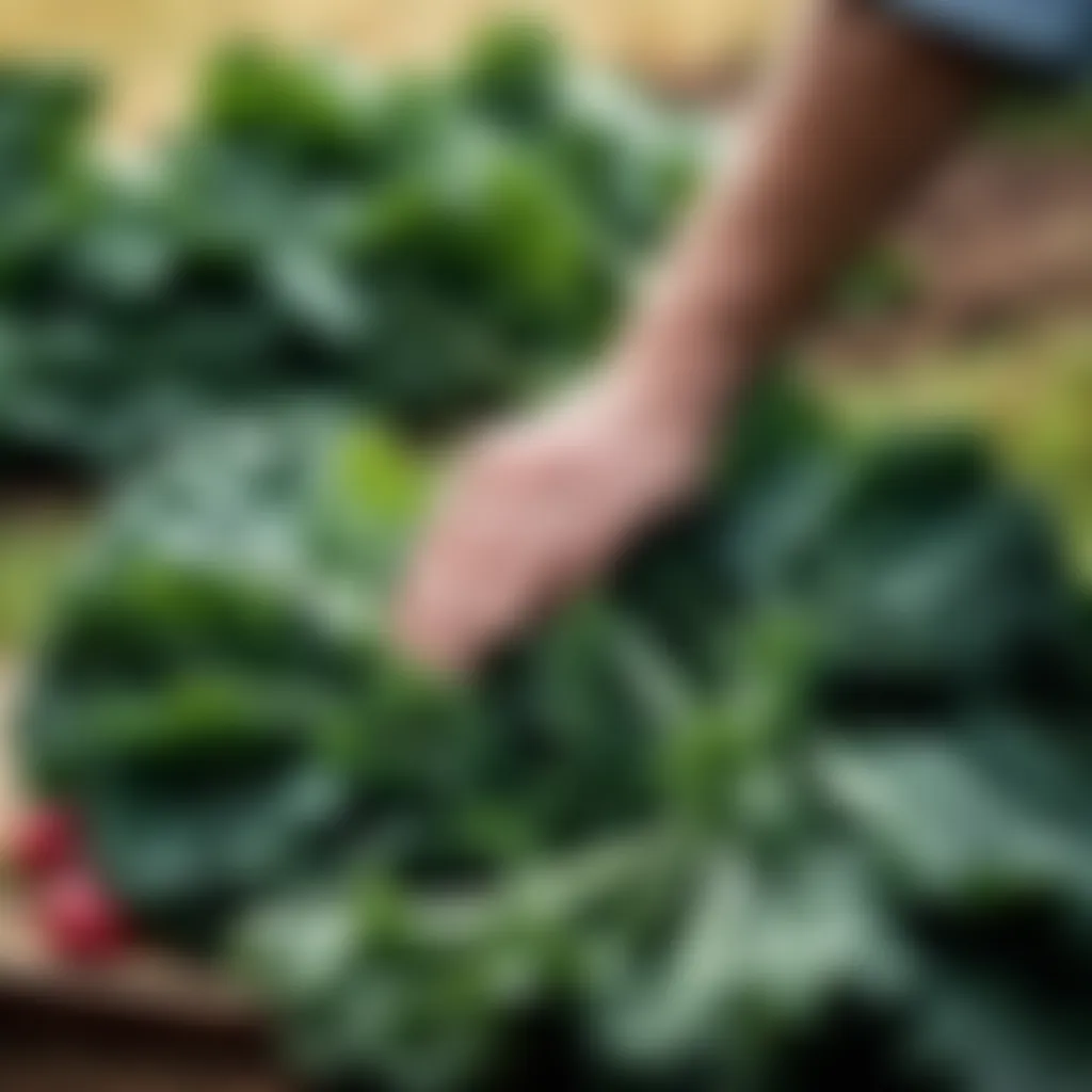 Fresh Tuscan kale leaves being delicately picked