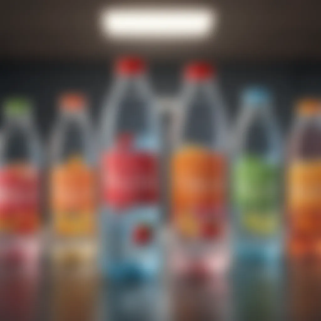 Flavored bottled water varieties in vibrant packaging.