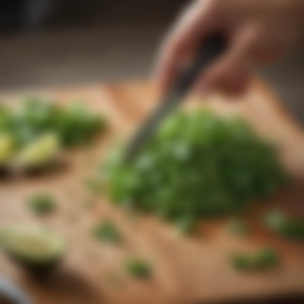 Fresh cilantro leaves being delicately chopped