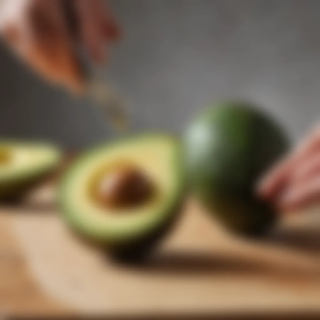 Ripe avocado being sliced with precision