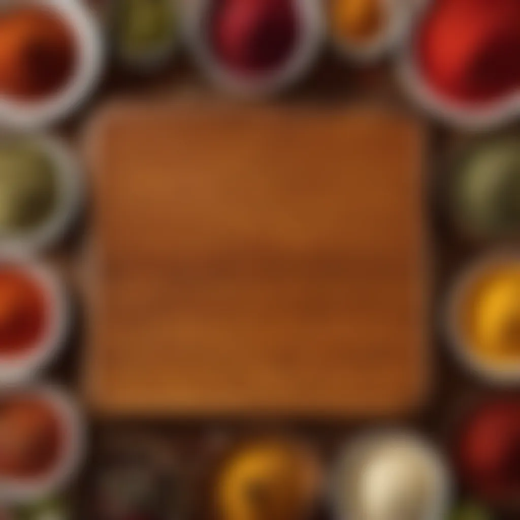 Spices and condiments neatly arranged on a wooden board