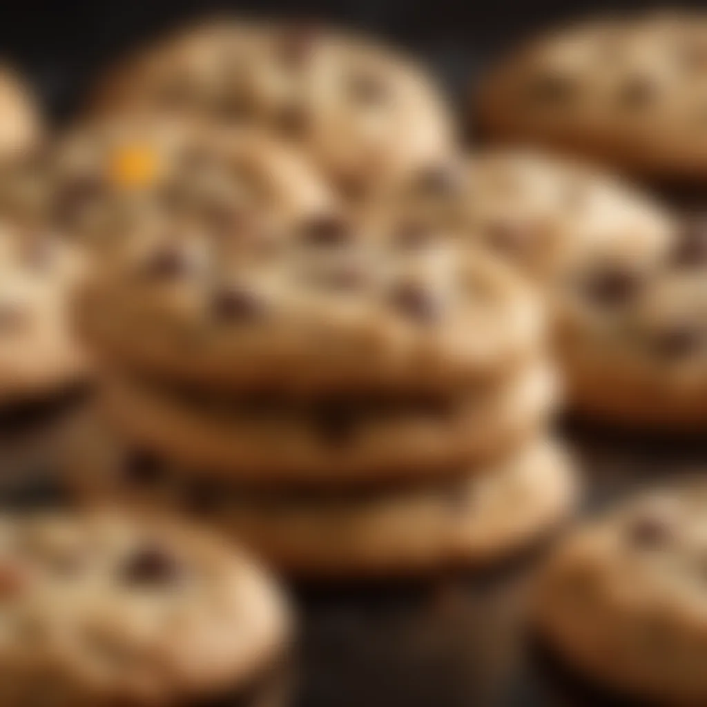 Artistic close-up of perfectly golden chocolate chip cookies