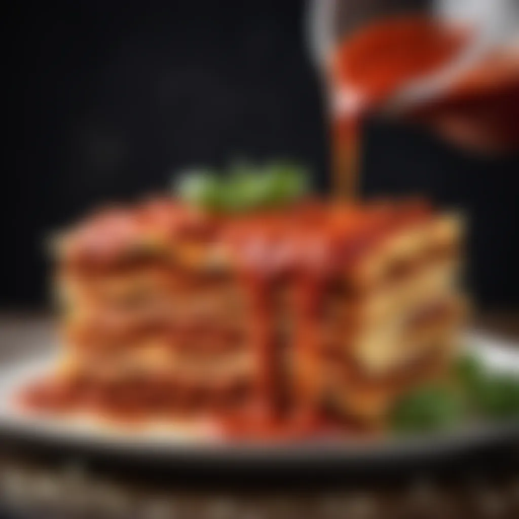 Artful Drizzle of Tomato Sauce Tomato sauce drizzling over assembled lasagna