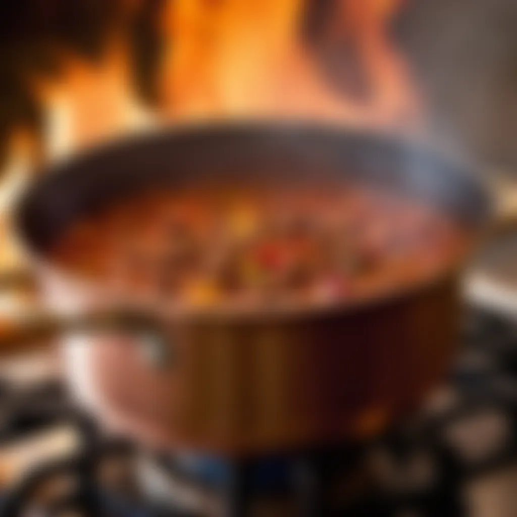 Simmering chili in a copper pot