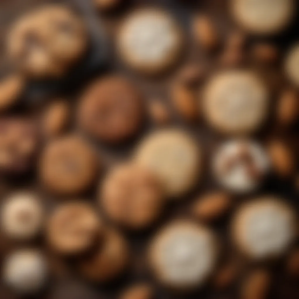 Variety of almond cookies in different shapes and sizes on a rustic wooden table