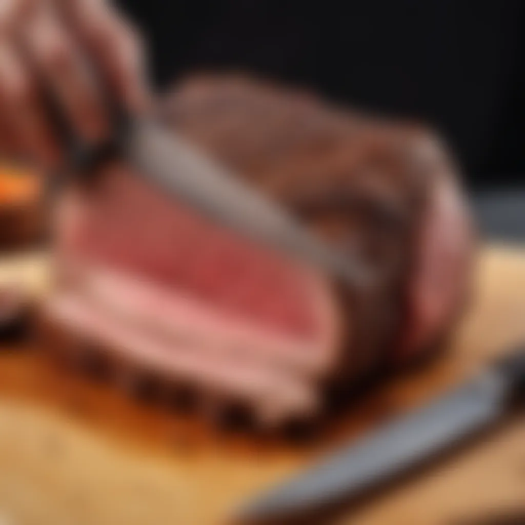 Slicing through a tender beef brisket with a sharp knife