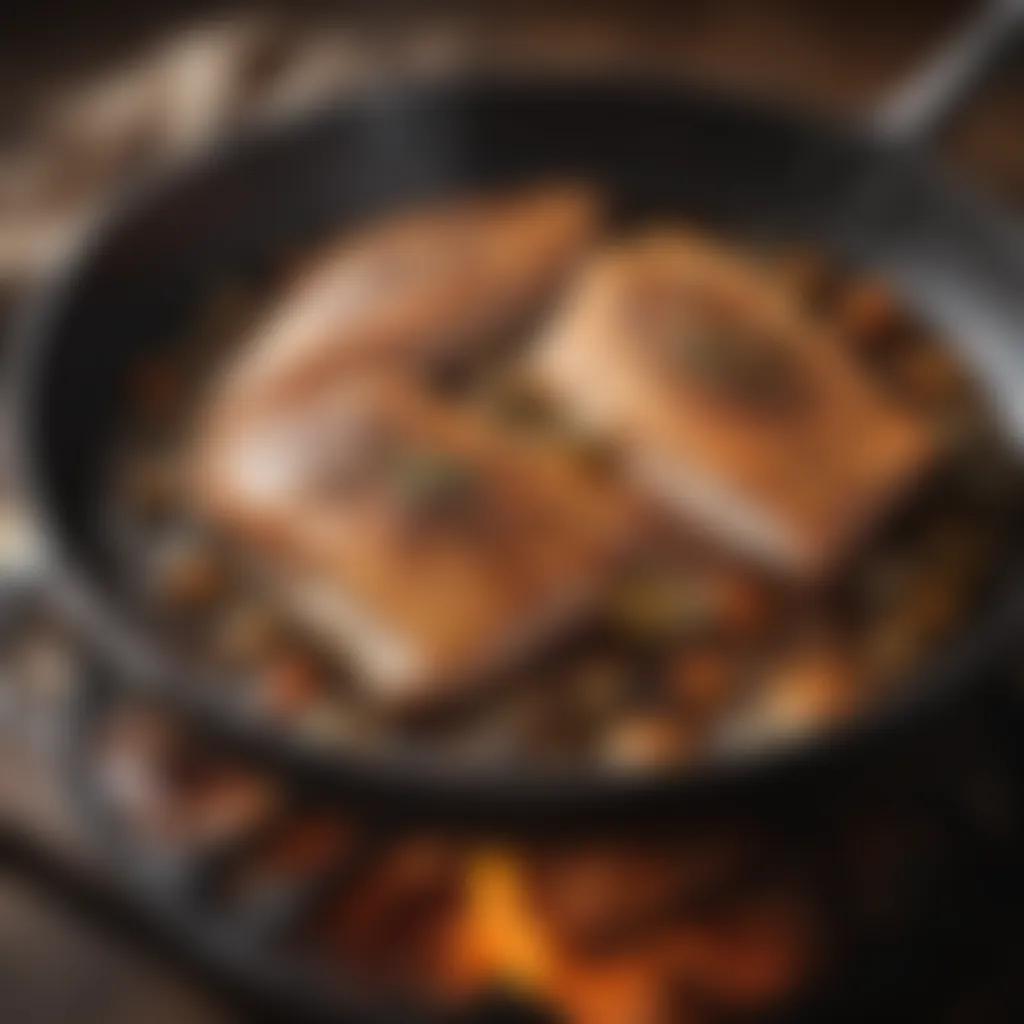 Pan searing a fillet of fish in a sizzling skillet