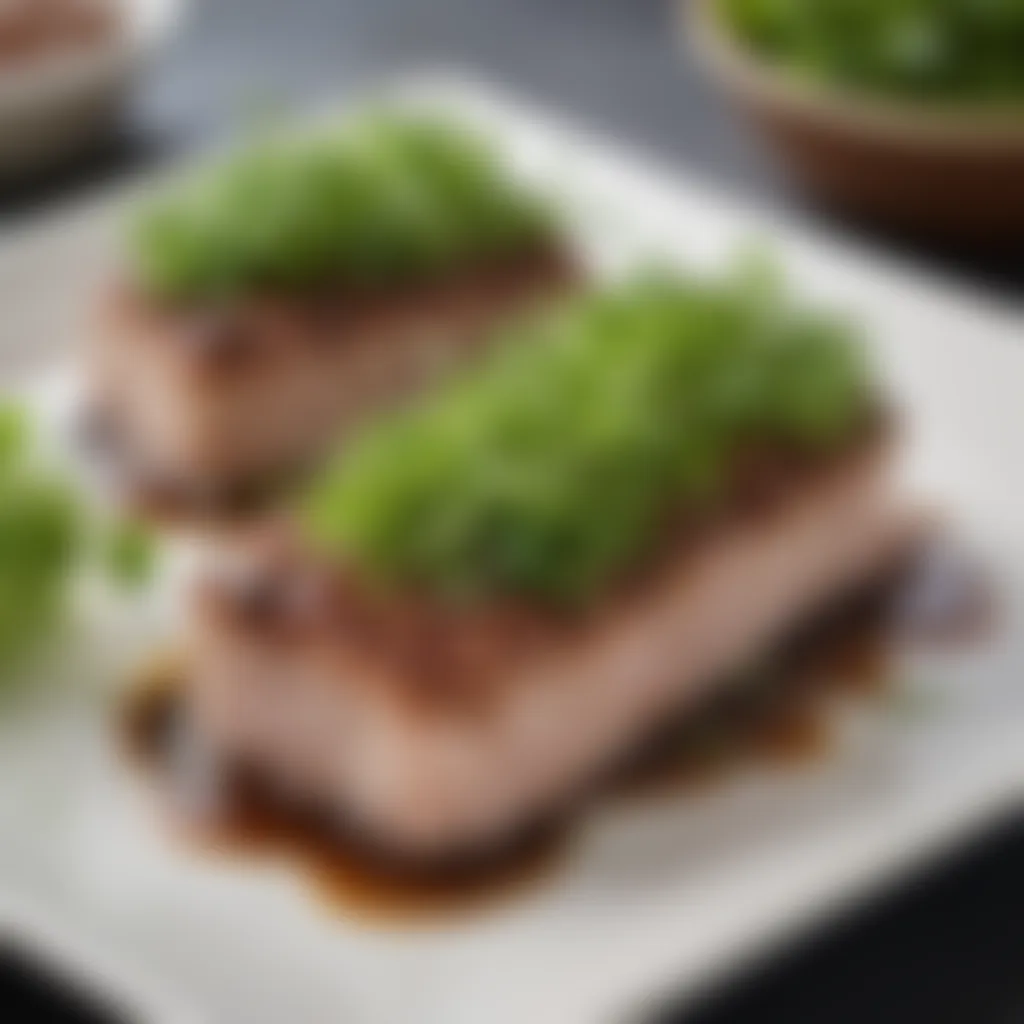 Elegant Finish: Microgreen Garnished Minced Pork Garnishing minced pork with vibrant microgreens