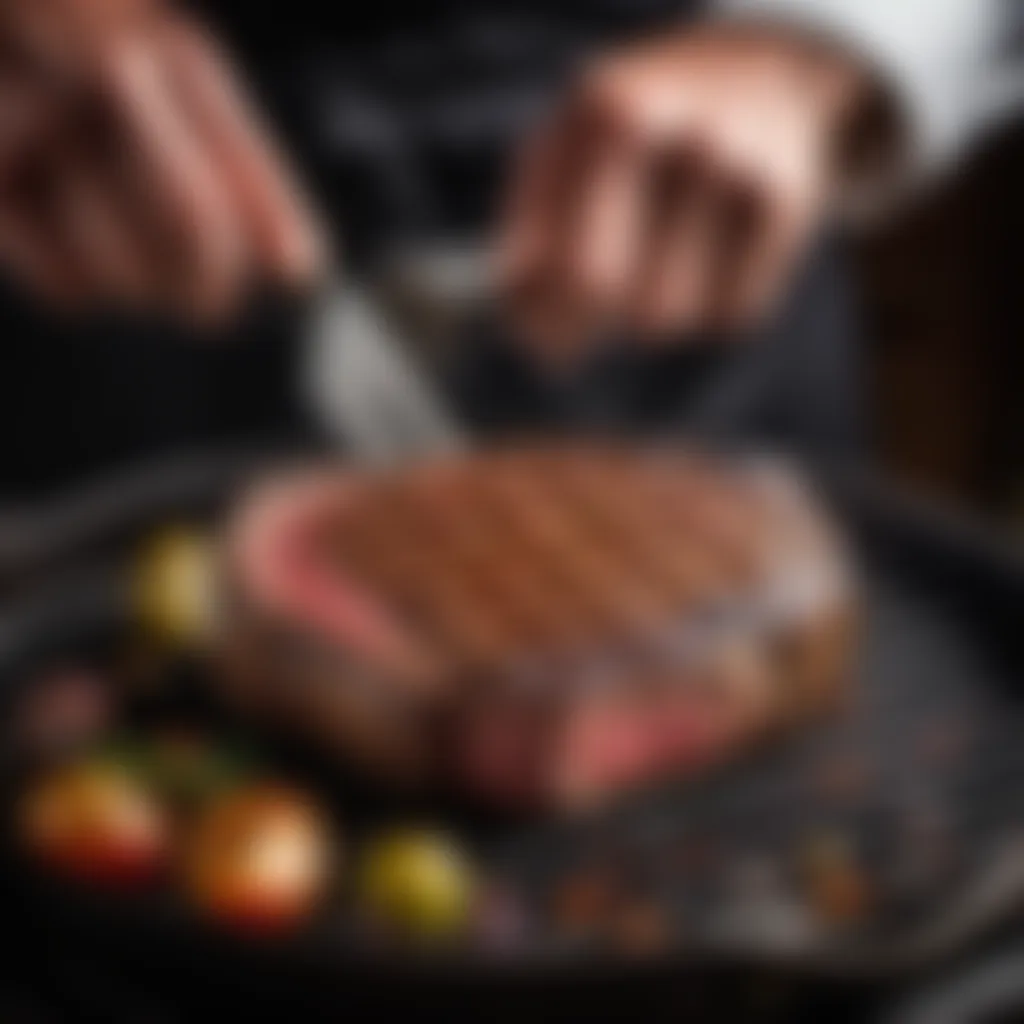 Chef's hand holding perfectly seared steak on a cast iron grill