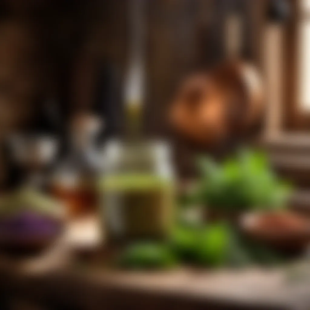 Aromatic herbs and spices in a rustic kitchen setting