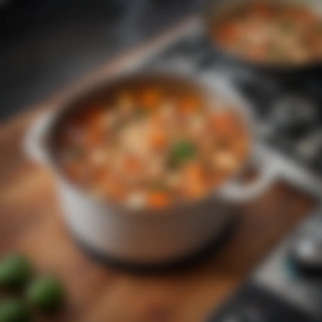 Homemade vegetable soup simmering on a stove