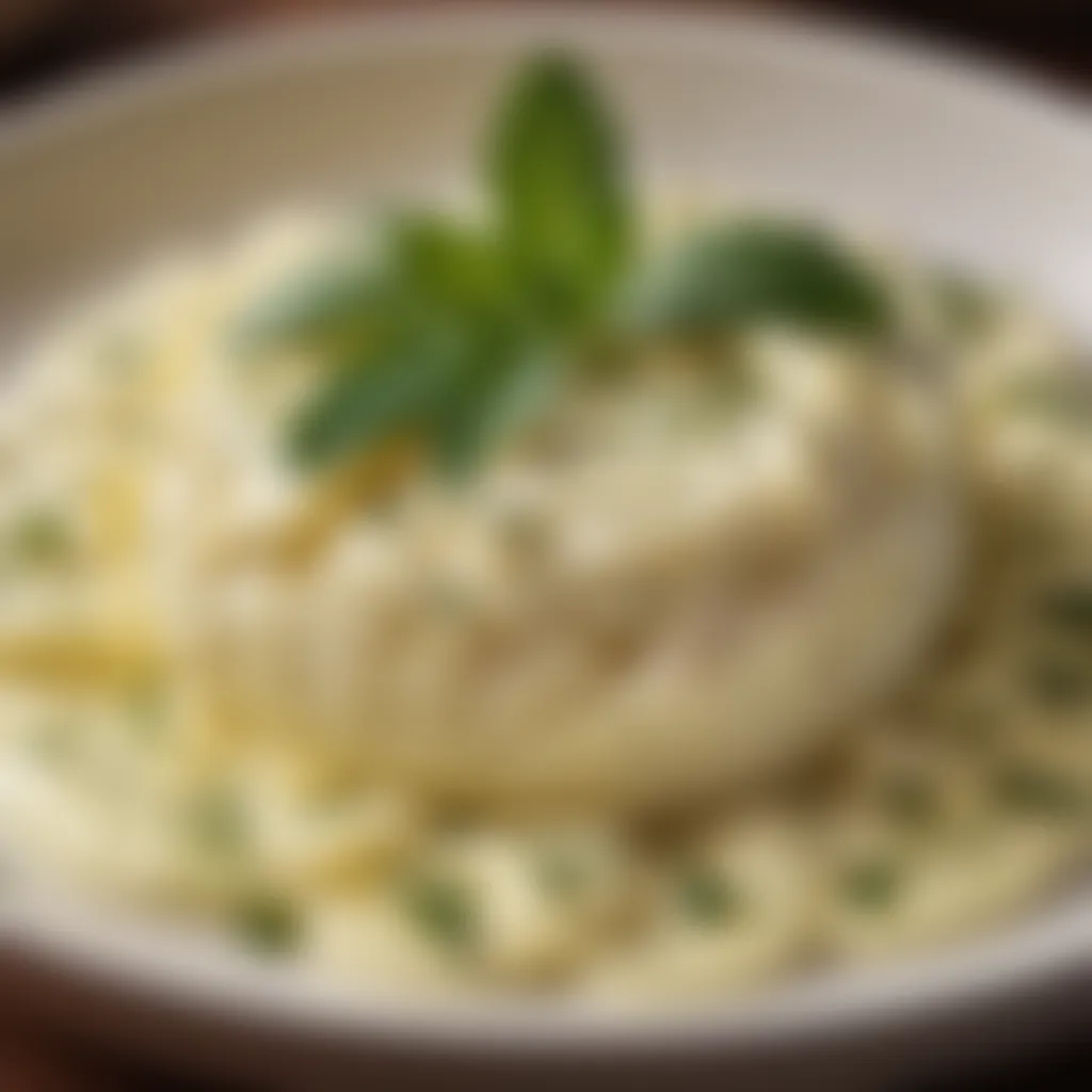 Garnishing mashed potatoes with herbs for presentation