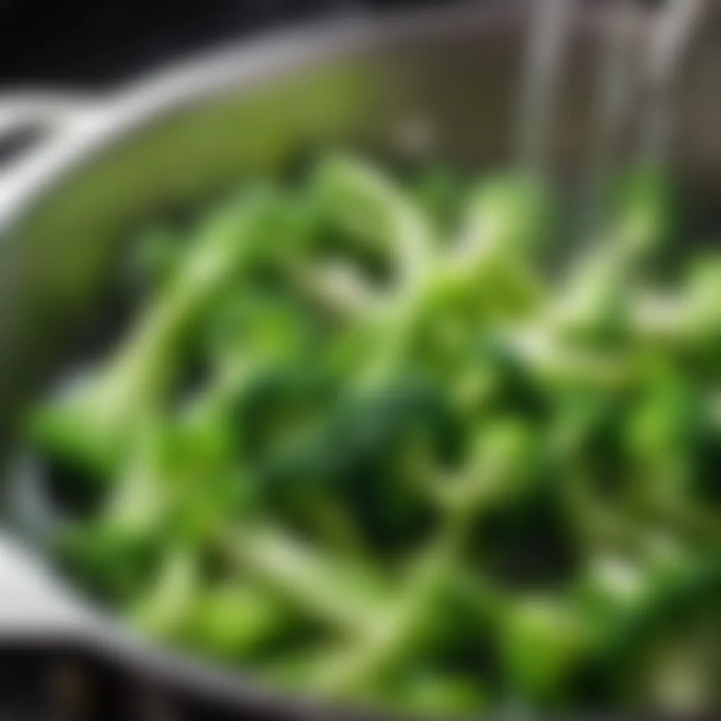 Blanching green vegetables in boiling water