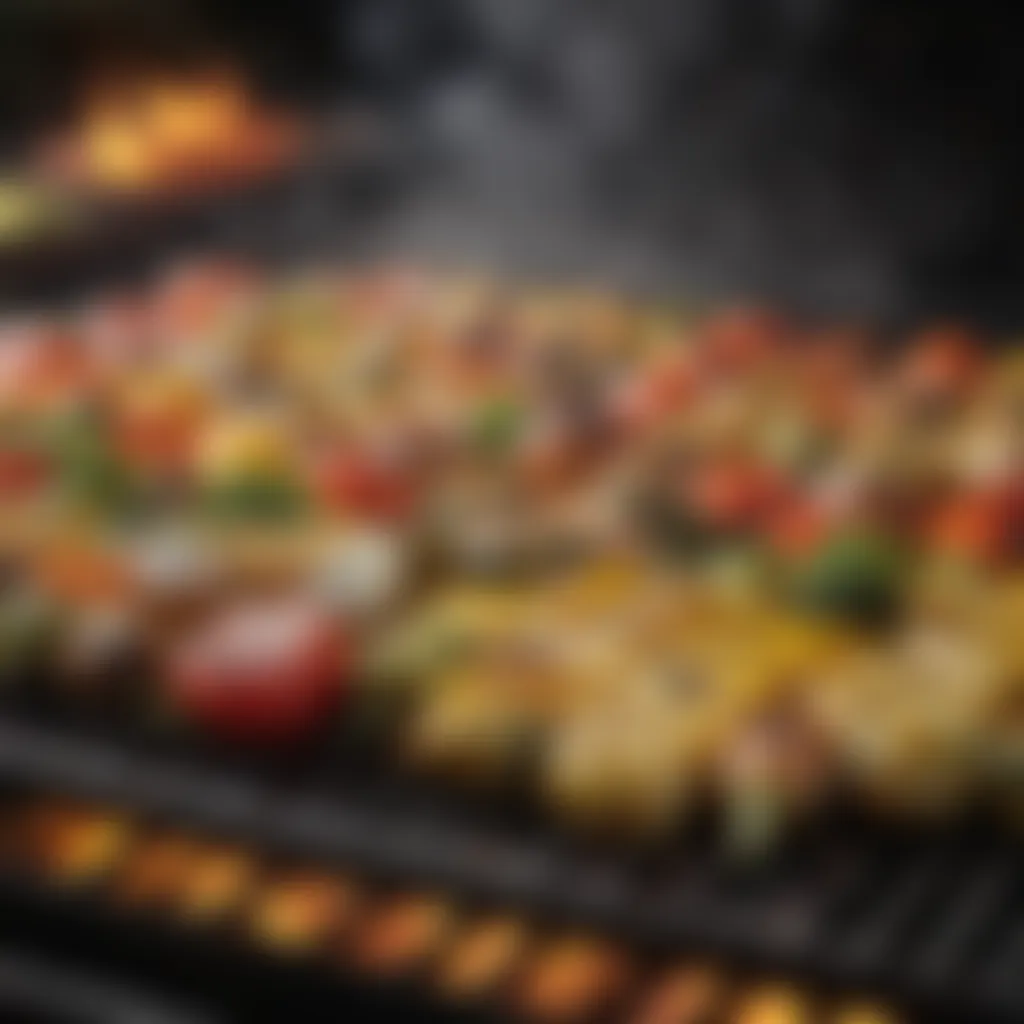 Close-up of sizzling vegetables cooking on a propane BBQ