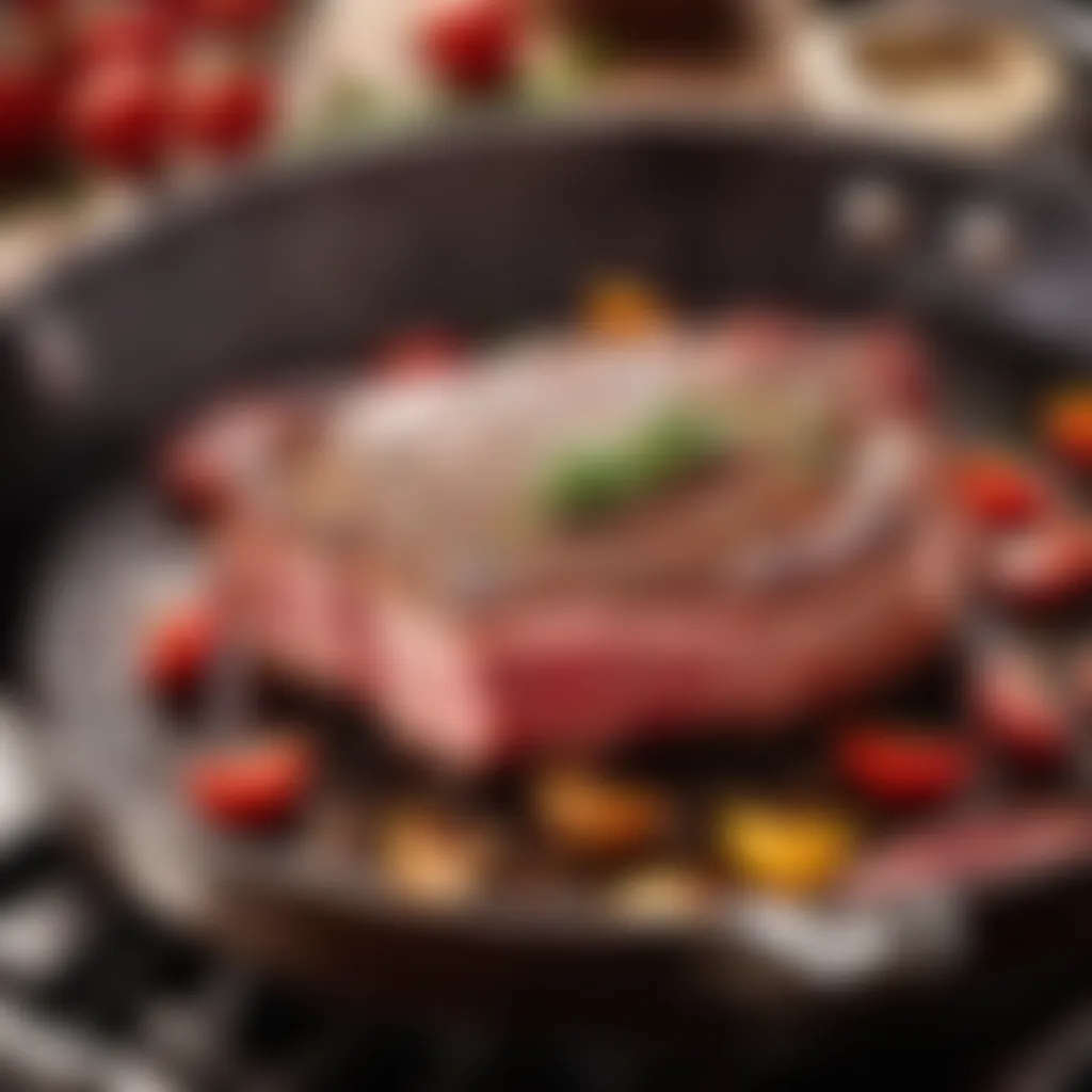 Searing raw meat on a sizzling hot pan