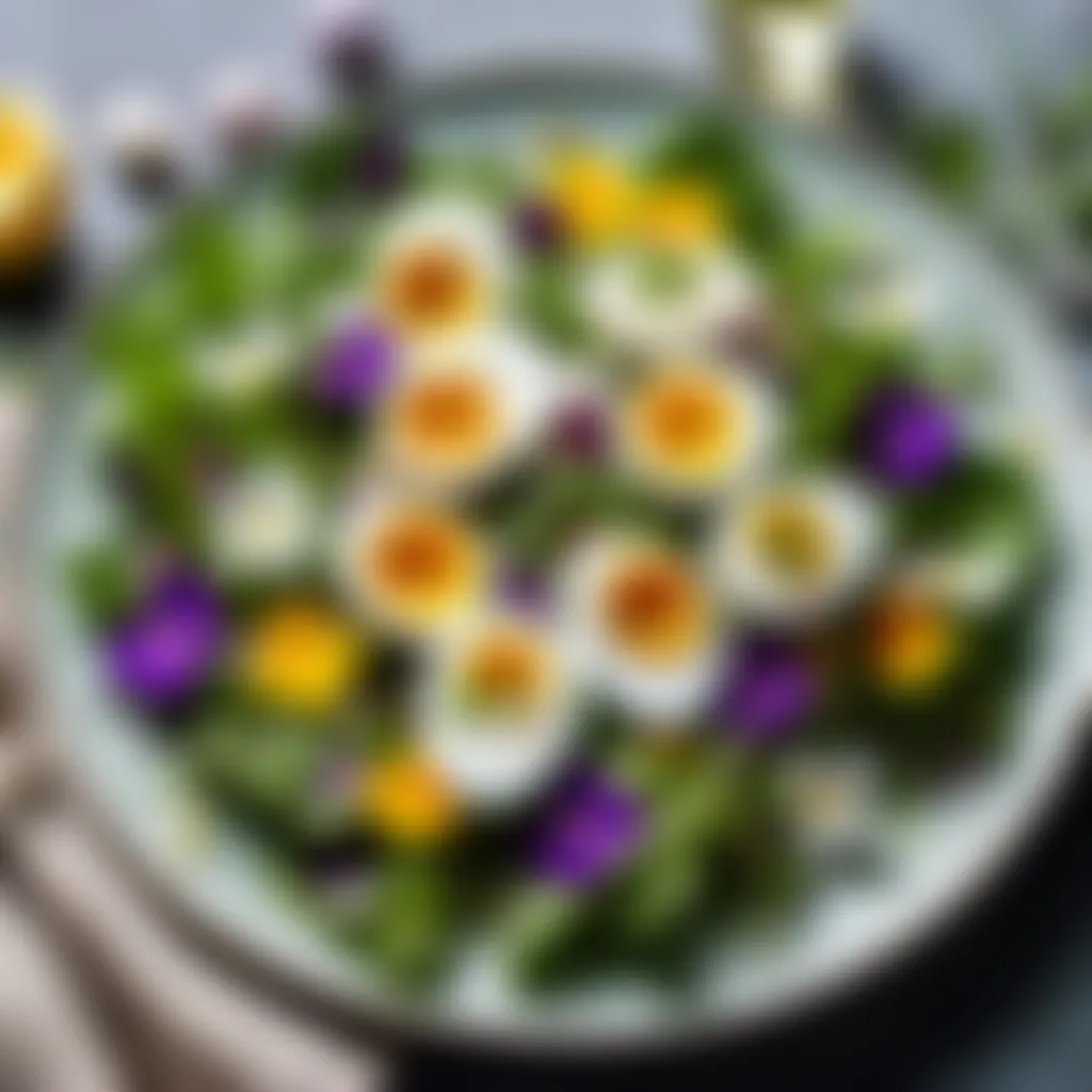 Quail egg salad with mixed greens and edible flowers