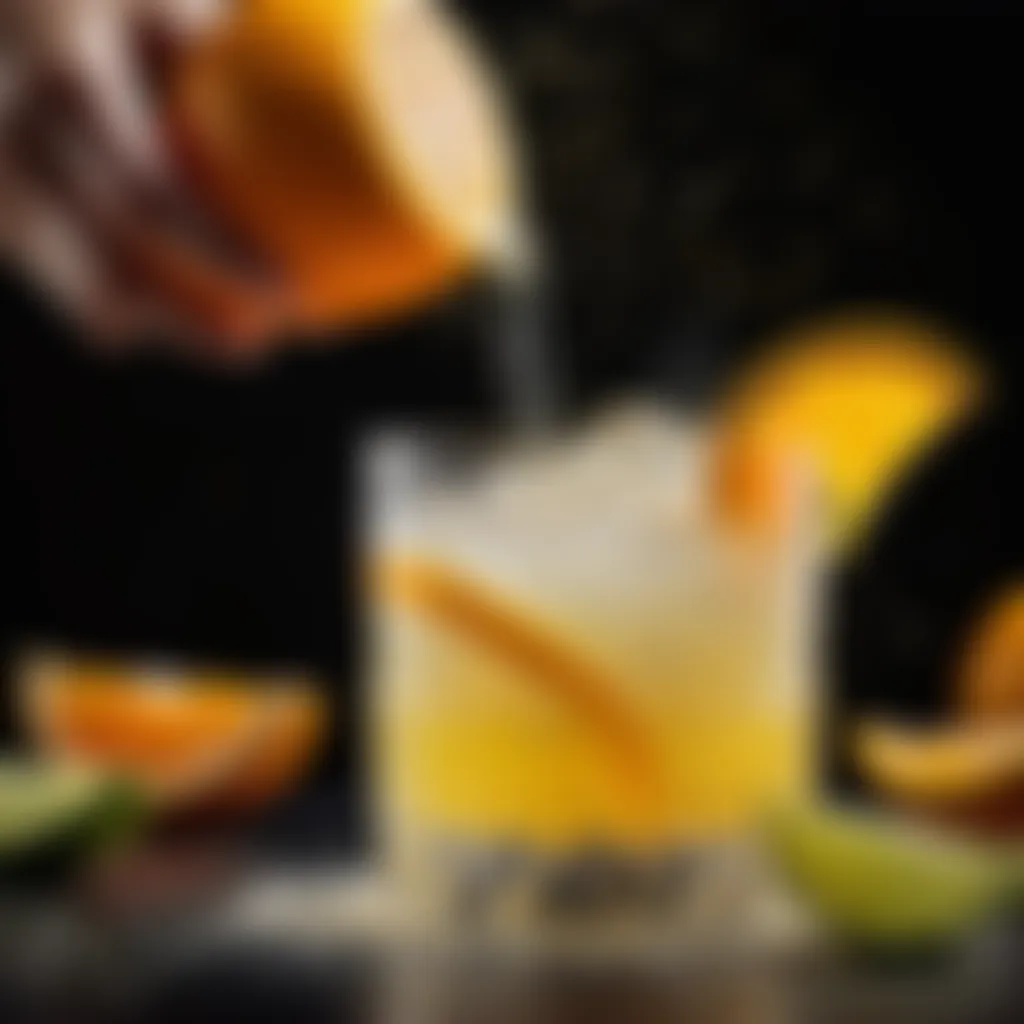 A close-up of a hand sprinkling zesty citrus zest over a sherbet drink